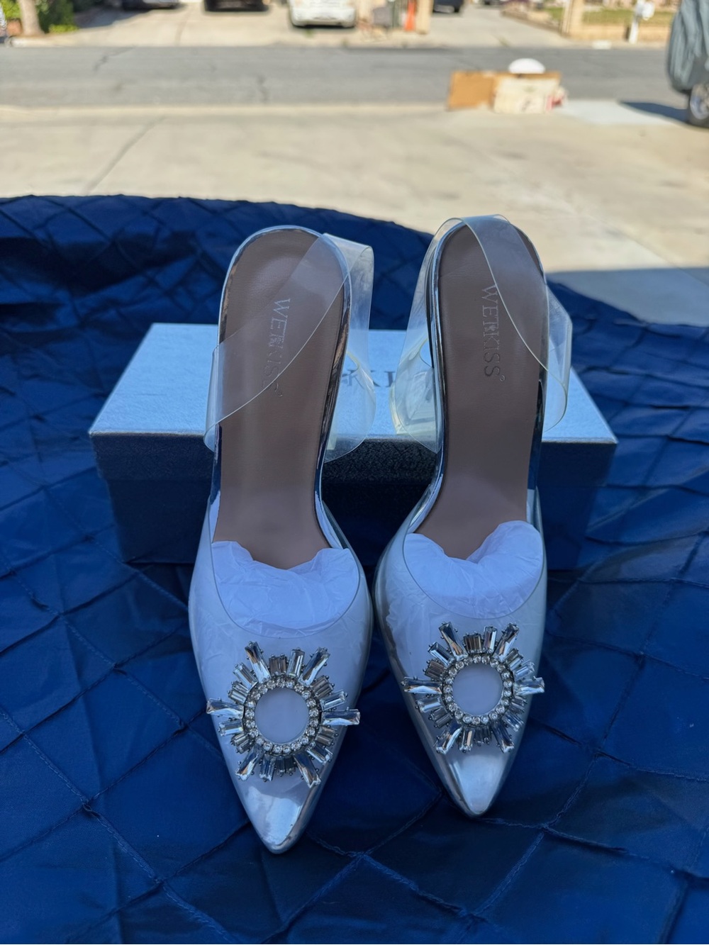 Clear Slingback Pointed-Toe Heels with Crystal Accent in White WETKISS